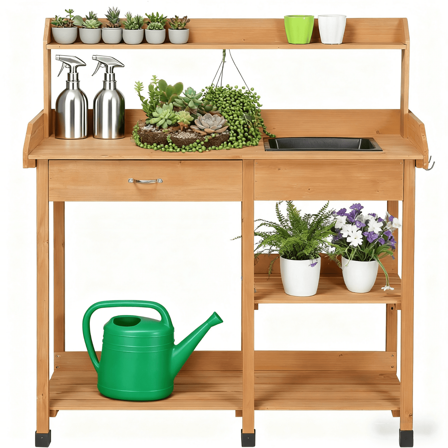 Garden Potting Table 4-Tier with Removable Sink, Adjustable Shelf, Drawer & Side Hooks, Outdoor Planter Stand for Yard Greenhouse in Wood