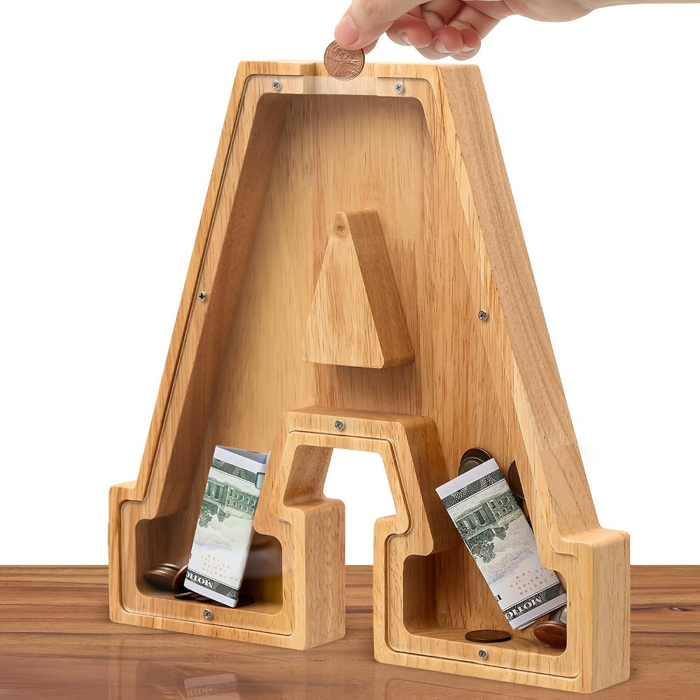 Personalized Wooden Piggy Bank for Kids – A-Z Alphabet Letter Initial Coin & Bill Savings Bank for Boys & Girls