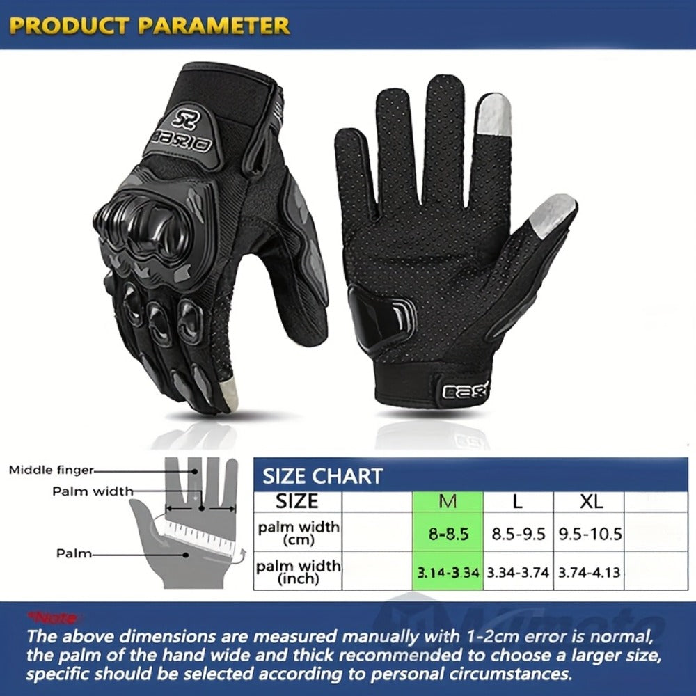 Full-Finger Motorcycle Gloves with Segmented Knuckle Shell, Wrist Tabs, Black or Red in M to XL