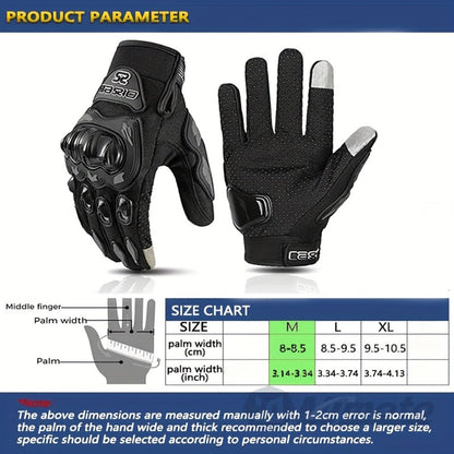 Full-Finger Motorcycle Gloves with Segmented Knuckle Shell, Wrist Tabs, Black or Red in M to XL