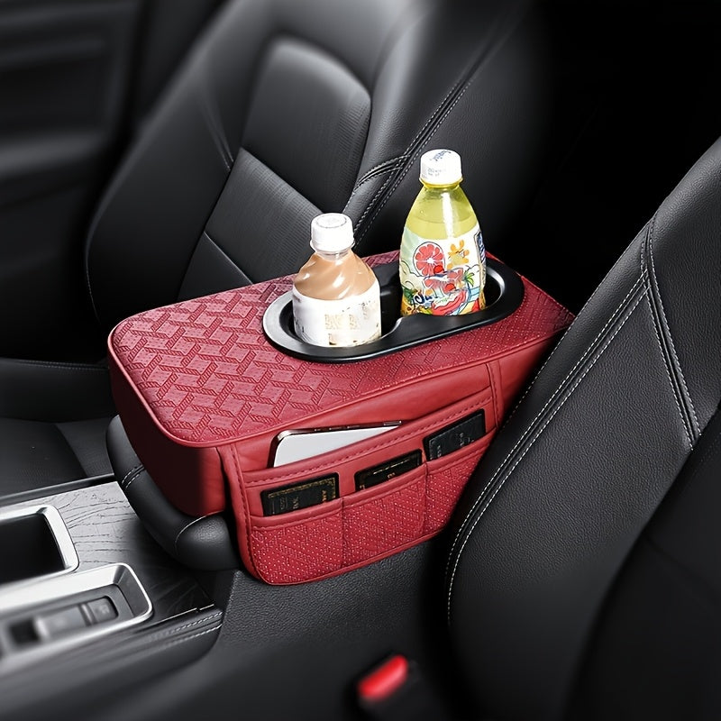 Car Center Console Cover PU Leather – Universal Armrest Box Mat with 2 Cup Holders & 2 Side Pockets, Phone & Card Storage