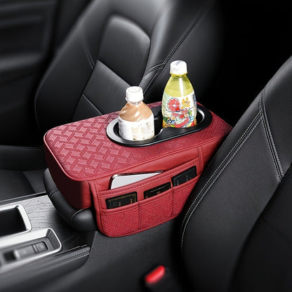 Car Center Console Cover PU Leather – Universal Armrest Box Mat with 2 Cup Holders & 2 Side Pockets, Phone & Card Storage