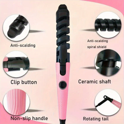 Spiral Curling Iron, Anti-Scald Fast Heating Curler for Long & Short Hair, Portable Rotating Barrel