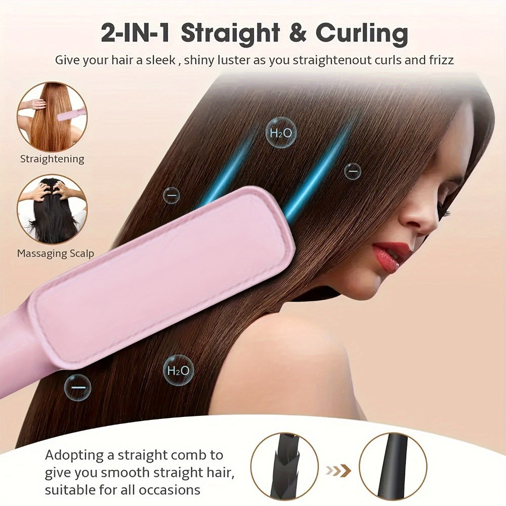 Compact Hair Straightening Brush with Three Color Options, LED Indicators and Three Pictured Heat Levels