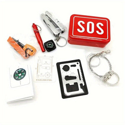 Outdoor Survival Gear Kit 6pcs SOS Emergency Set with Multi-Tool Whistle Compass Fire Starter for Entryways, Bedrooms and Living Spaces