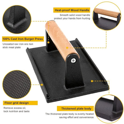 Smash Burger Press Cast Iron Heavy Duty Dual-Size Burger Smasher with Ergonomic Wood Handle – BBQ Grill Press for Smash Burgers