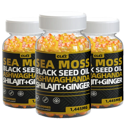 Immune Support Gummies with Sea Moss 1445mg, 10-in-1 Superfood Blend with Black Seed Oil, Ashwagandha