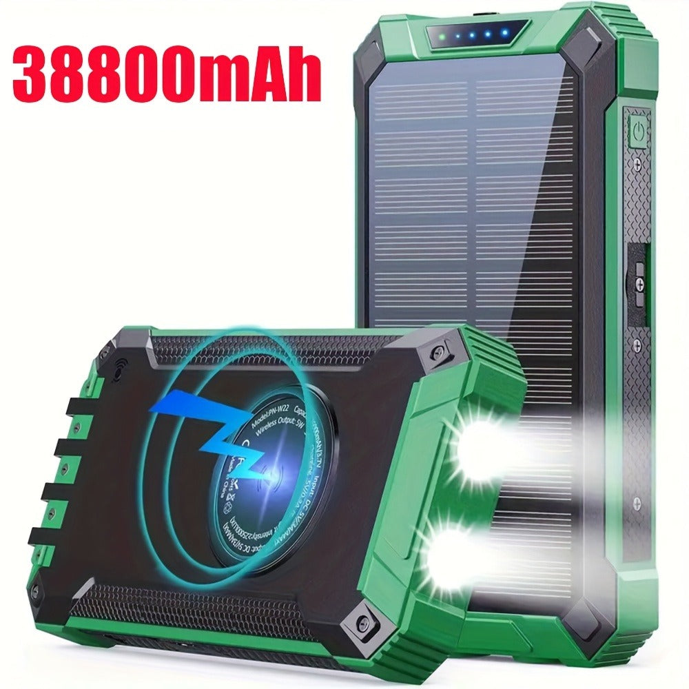 Solar Power Bank, 32800mAh or 38800mAh Wireless Charger with Up to Six Outputs, Dual Lights and Cable Options