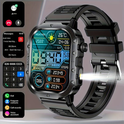 Smartwatch LED Flashlight Outdoor 2.01" Large Screen – Multi-Sport Modes, Rechargeable Battery, Message Alerts, Fitness Tracker – Rugged