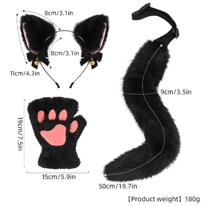 Cat Costume Set 3 Piece, Bell Ear Headband, Plush Paw Gloves & Adjustable Tail for Halloween, Cosplay