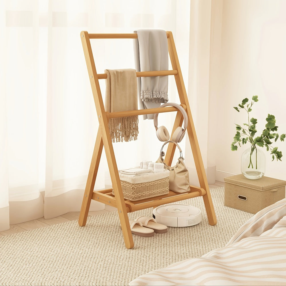 Bamboo Drying Rack 3 Tier Foldable with Storage Box – Space Saving Freestanding Clothes Hanger for Apartment, Bedroom, Bathroom & Balcony