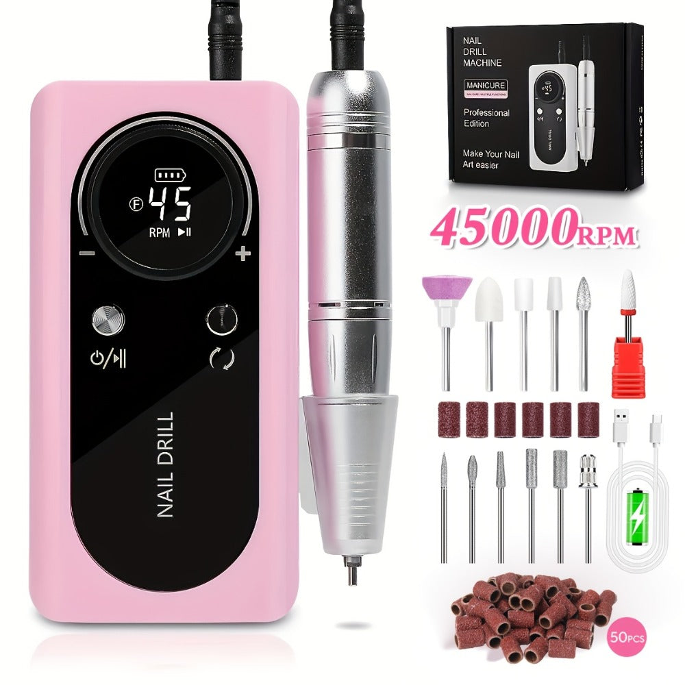 Low Noise Nail Drill Machine 45000RPM Rechargeable with LCD Display – Quiet Electric E-File for Gel Polish Acrylic Natural Nails