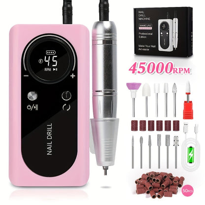 Low Noise Nail Drill Machine 45000RPM Rechargeable with LCD Display – Quiet Electric E-File for Gel Polish Acrylic Natural Nails
