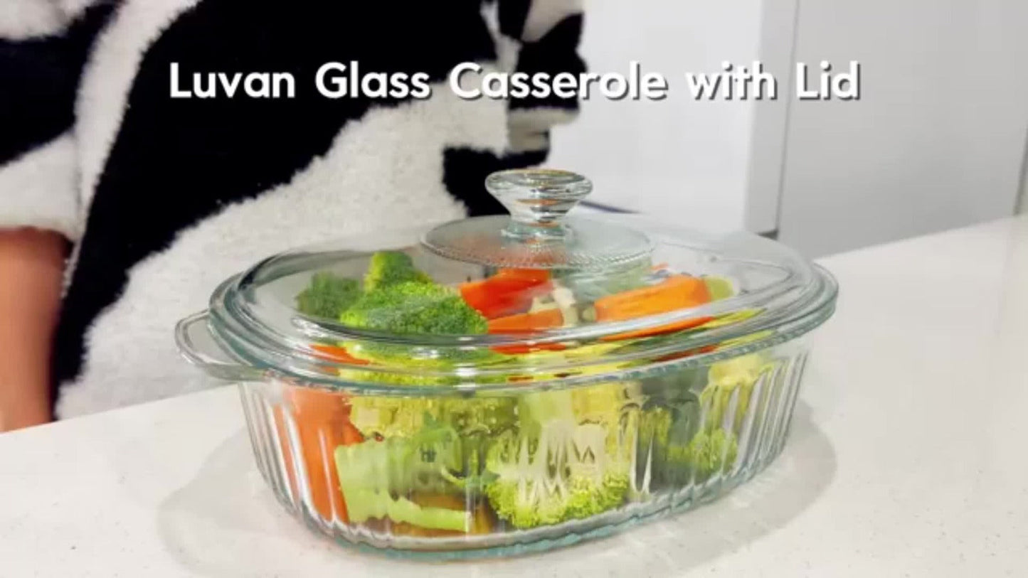 Glass Casserole Dish with Lid, Oval Ribbed Roasting Pan, Oven & Covered Baking Dish for Entryways, Bedrooms and Living Spaces