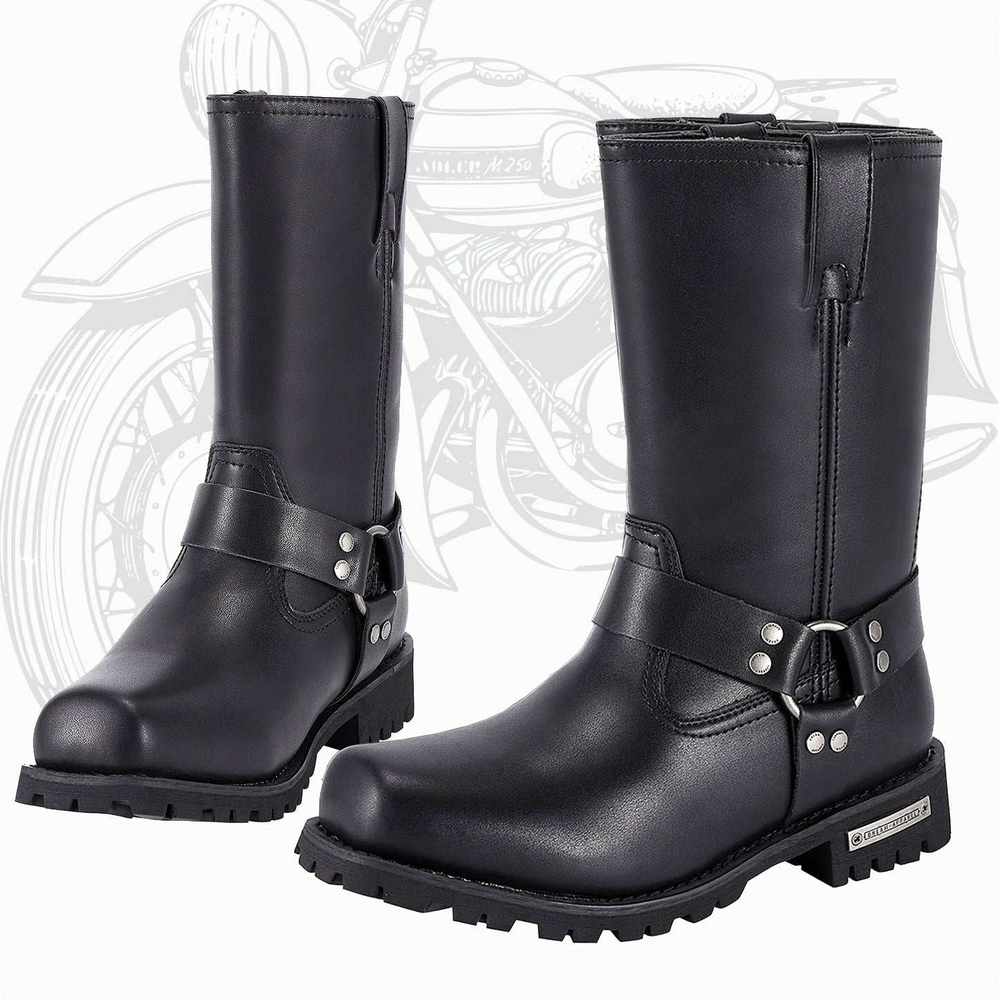 Men's Motorcycle Boots 11" Harness – PU Leather Non-Slip Square Toe Mid-Calf Biker Boots, Abrasion Resistant All-Season Riding Boots