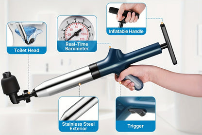 High-Pressure Air Drain Blaster with Real-Time Pressure Indicator – Stainless Steel Toilet Plunger & Sink Drain Unclogger