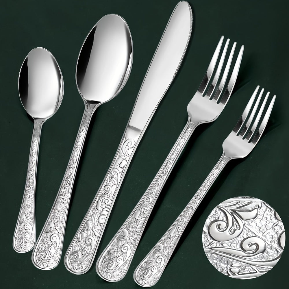 Flatware Set Stainless Steel Vintage Carved Cutlery Set Knife Fork Spoon for Family Gatherings Holiday Parties Kitchen Decor