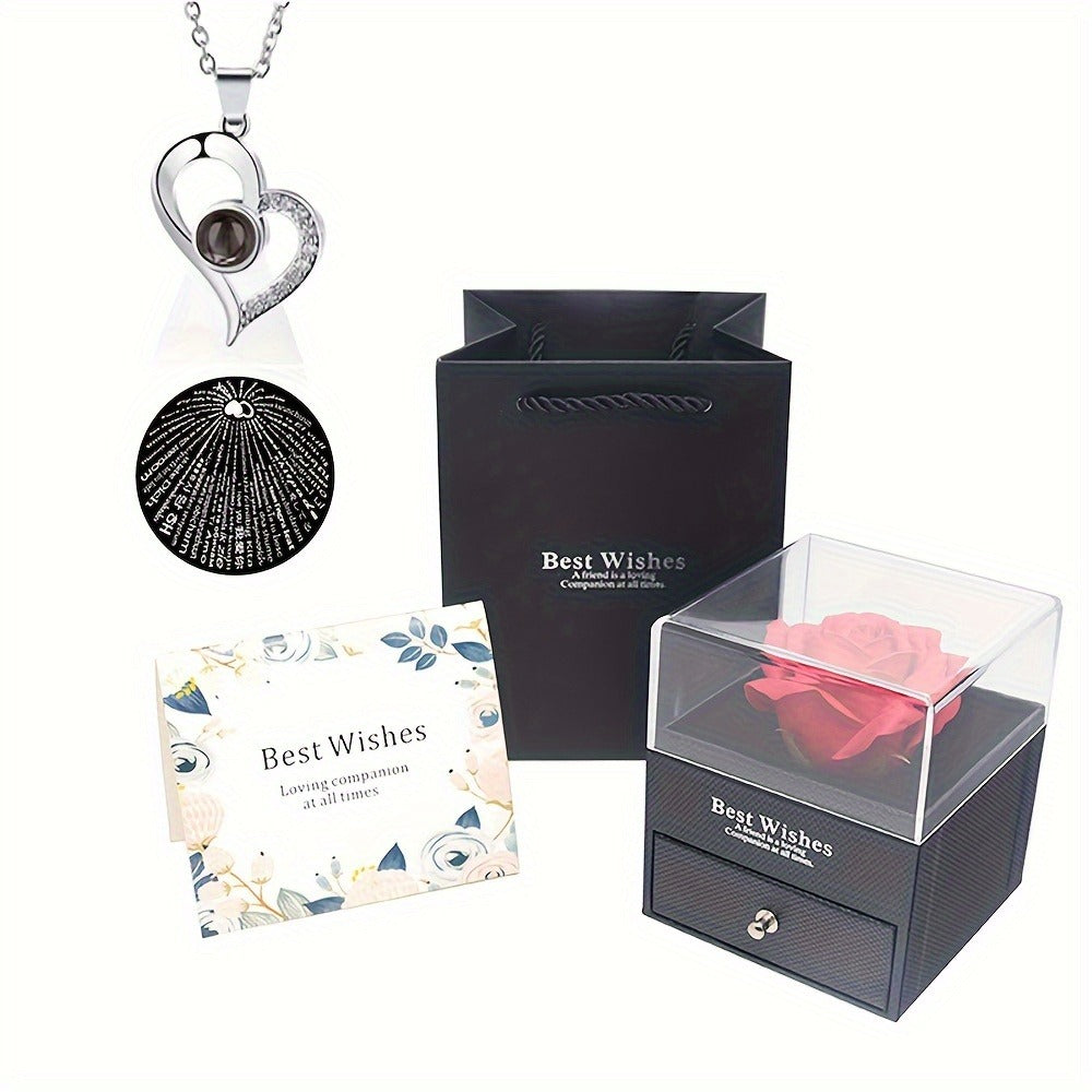 Preserved Real Rose Gift Box with I Love You in 100 Languages Necklace, Romantic Gifts for Girlfriend Wife Mom