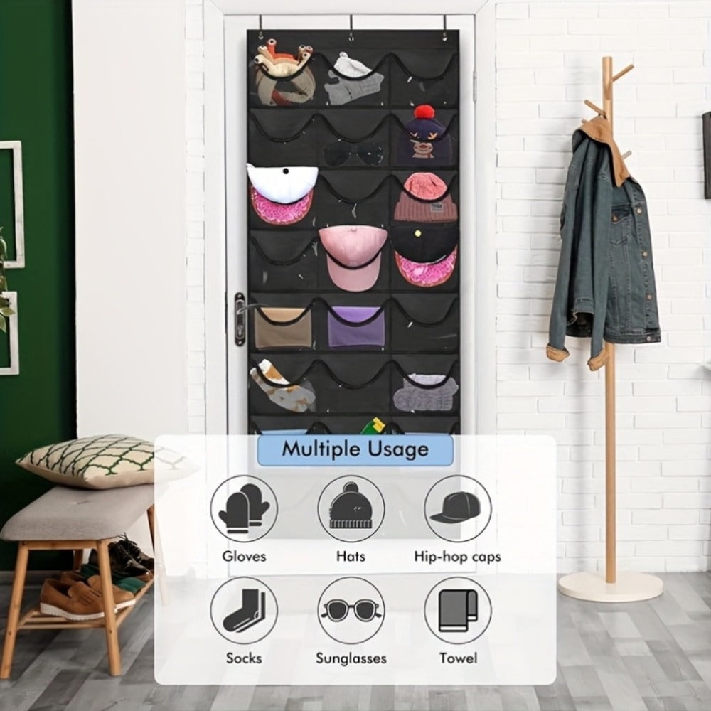 Over the Door Hat Organizer 24 Pocket - Baseball Cap Rack with Large Clear Pockets for Entryways, Bedrooms and Living Spaces