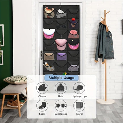 Over the Door Hat Organizer 24 Pocket - Baseball Cap Rack with Large Clear Pockets for Entryways, Bedrooms and Living Spaces