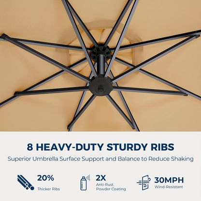 Patio Umbrella 10FT Solar LED Cantilever Style with 32 Lights, Eight-Rib Frame, Tilt and Four Colors