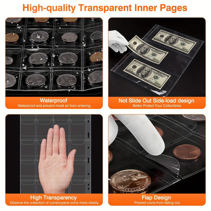 300-Pocket Coin Collection Book with Lock – Fireproof Holder, 72 Currency Sleeves, Coin Organizer Album for Pennies