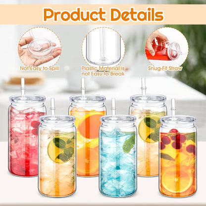 16oz Plastic Cups with Lids and Straws Bulk 25pcs Set Clear Flat Bottom Tumbler Single or Double Wall for Iced Coffee Boba Water Juice Party