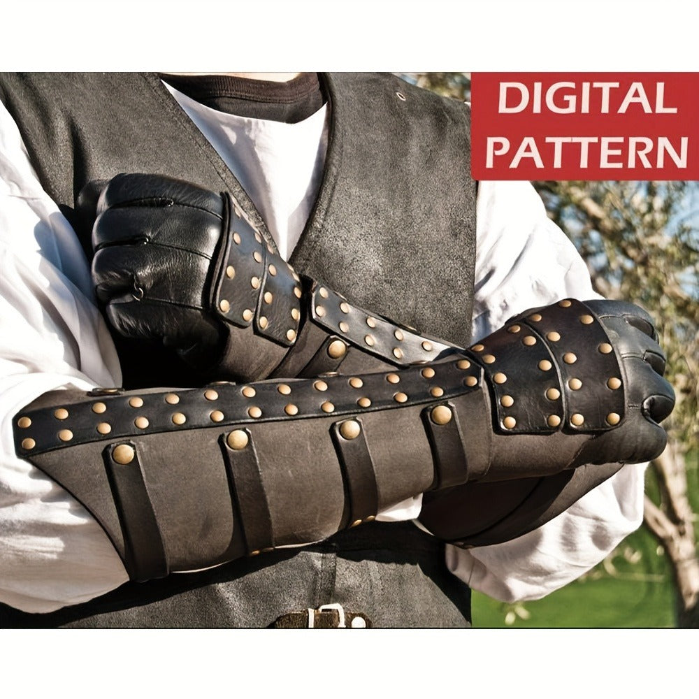 Riveted Costume Forearm Guard in Brown, Black or Coffee with Finger Loop and Buckled Strap Details