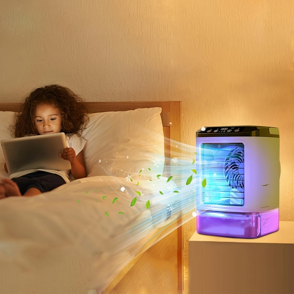 Portable Air Cooler Fan USB Humidifier with Rainbow Ambient Light, 3-Speed Atomization Misting Fan with Large Ice Box and Low Noise