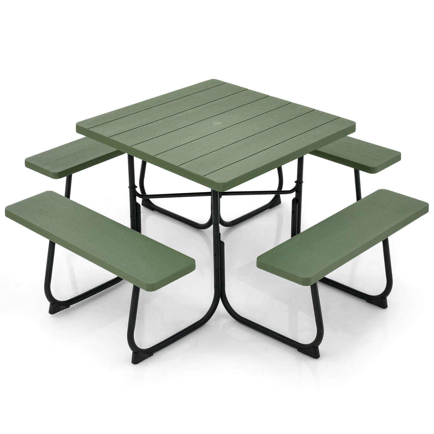 Outdoor Picnic Table 8-Person, Square HDPE Table with 4 Built-in Benches, Umbrella Hole, Metal Frame