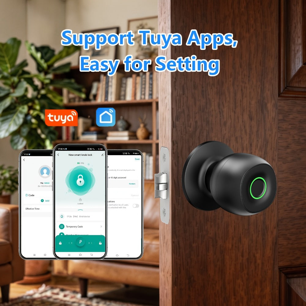 Smart Door Lock Tuya Smart Life Round Knob with Fingerprint App and Mechanical Key Access in Black