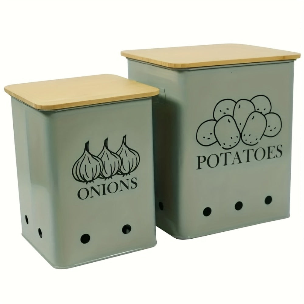 Kitchen Storage Canister Potato Onion Storage Bin Aerating Ventilation Holes Wooden Lid for Home Cooking, Dining and Outdoor Meals
