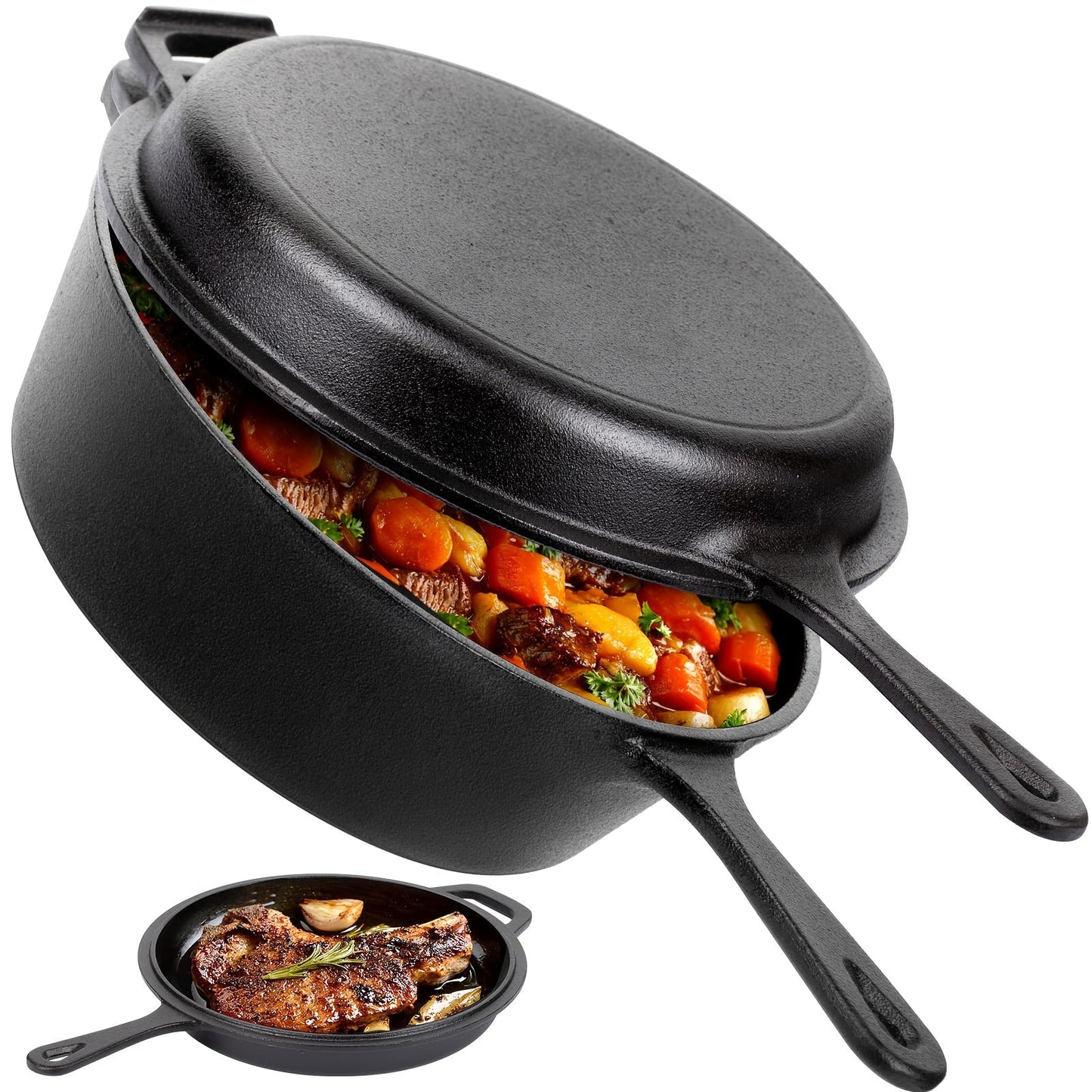 2-in-1 Cast Iron Dutch Oven with 26cm Deep Pot and Long-Handle Skillet Lid for Stovetop, Oven or Campfire
