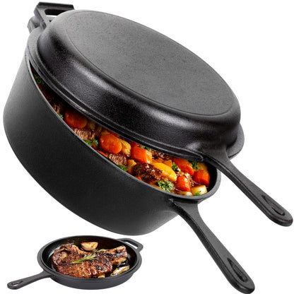 2-in-1 Cast Iron Dutch Oven with 26cm Deep Pot and Long-Handle Skillet Lid for Stovetop, Oven or Campfire