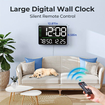 16-Inch Digital Wall Clock with LED Display, Remote, Dimmer Modes, Calendar and Indoor Temperature Readout