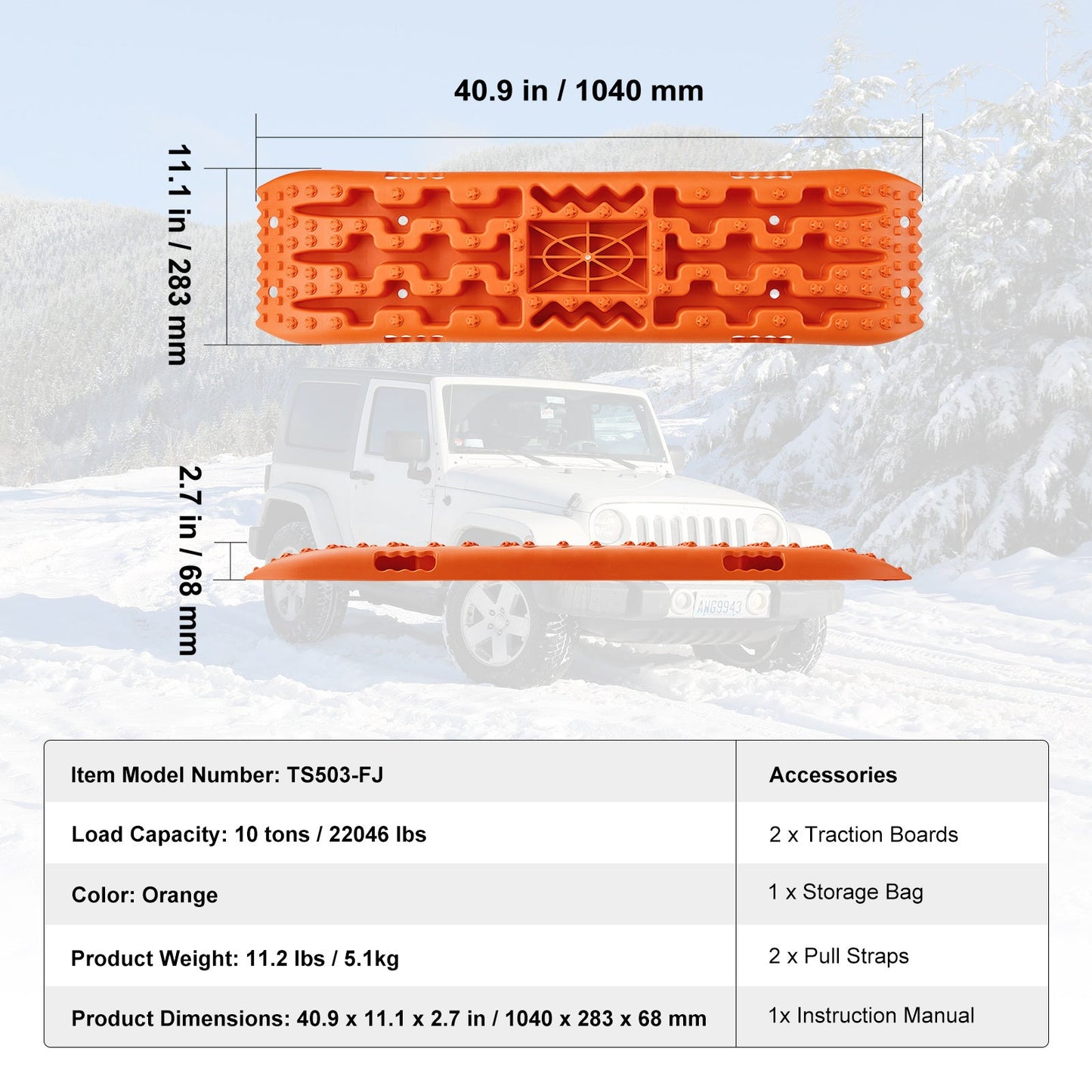 Traction Boards 2-Pack – 10-Ton Off-Road Vehicle Recovery Boards for Mud, Sand & Snow, High-Strength PP with Pull Straps & Storage Bag