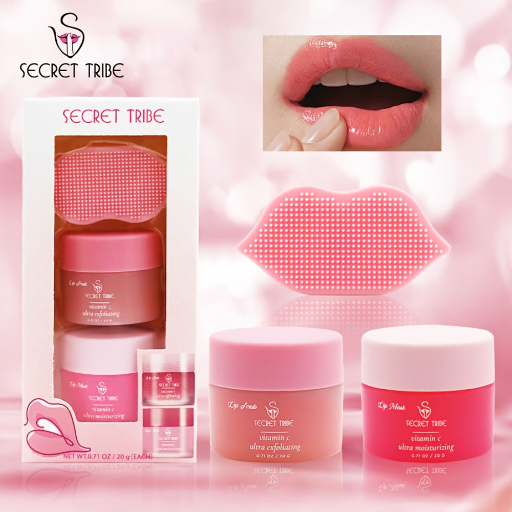 Lip Care Set 3pcs – Lip Mask, Lip Scrub Balm & Lip Brush Kit with Natural Ingredients for Deep Hydration, Exfoliation & Lip Color