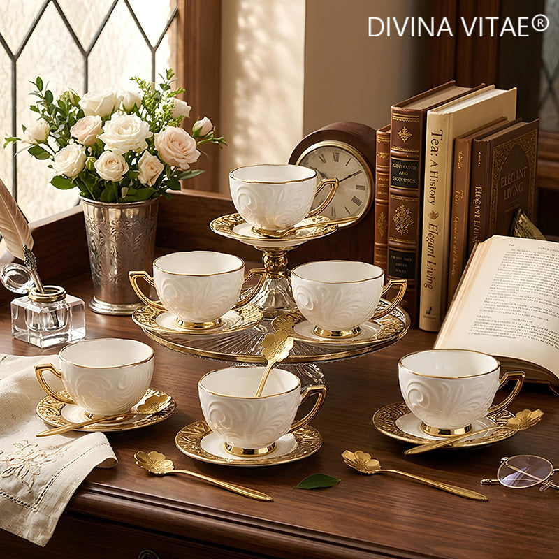 Espresso Cups Set 12 Pcs, 7.44 Oz Small Ceramic Cappuccino Cup Set with 6 Cups, 6 Trays & 6 Spoons