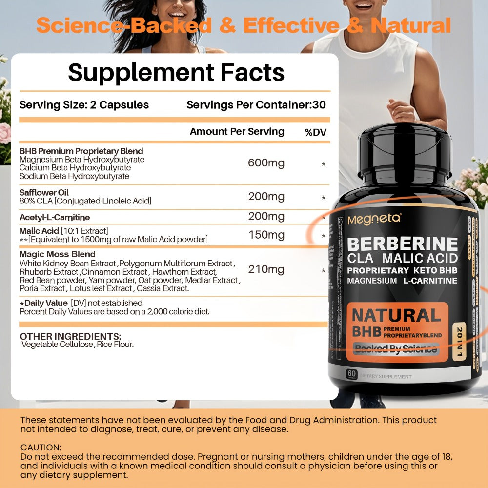 Keto BHB Weight Loss Capsules 20-in-1 with L-Carnitine CLA Berberine Malic Acid, Fat Burn Insulin & Liver Health Support