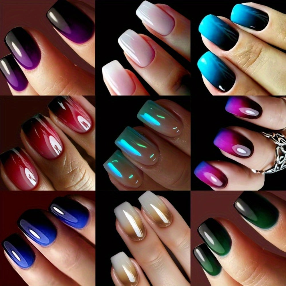 Press On Nails 216-Piece Short Square Nine-Pack Colorful Gradient Ombre Set with Tabs and Nail File