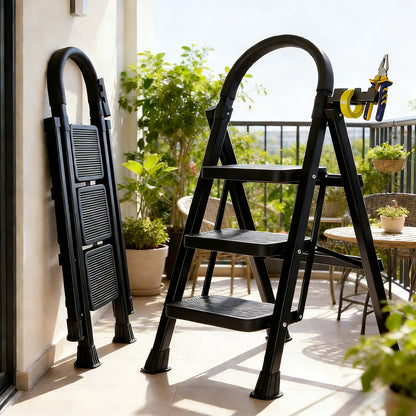 Folding Step Stool Ladder Steel with Anti-Slip Wide Treads & Handrails, Safety Lock, Portable Multi-Step Ladder for Home