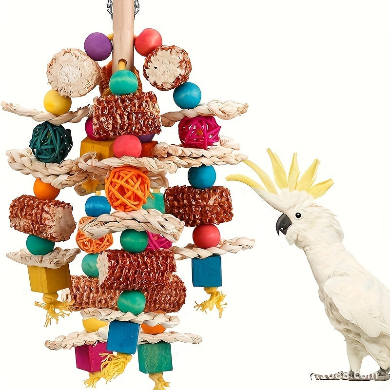 Colorful 16-Inch Corn Cob and Woven Rattan Hanging Bird Toy with Metal Hook for Medium and Large Parrots