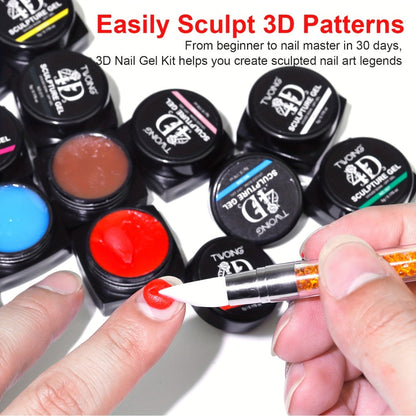 Nail Sculpting Gel Kit 3D 4D 12 Colors with Carving Pen – Firm Non-Sticky Soak-Off Sculpture Gel for Flowers, Leaves