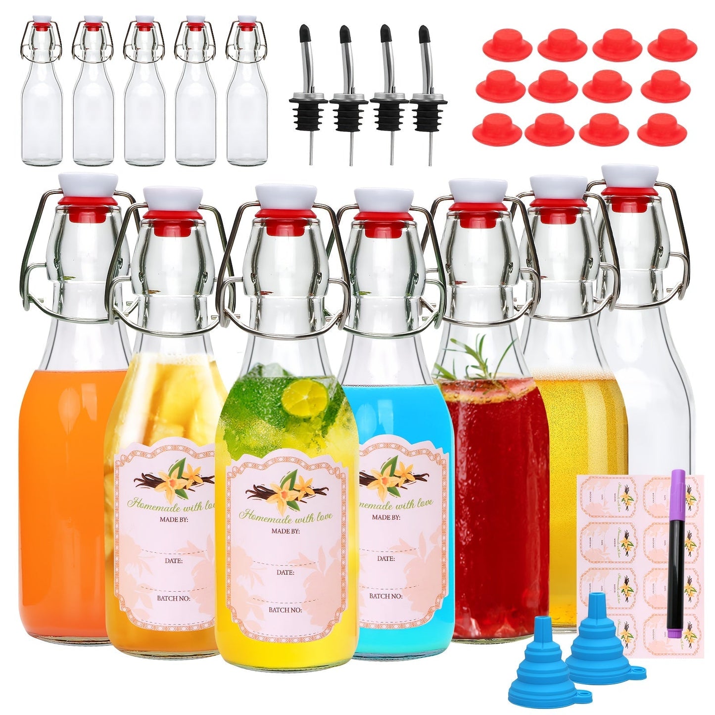 Glass Swing Top Bottles 8.45oz, Round Iron Clasp Airtight Bottle Set with Funnel for Juice, Kombucha