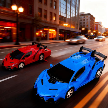 Remote Control Car, 1:18 Transforming Robot Model with One-Button Change, LED Lights, 360° Drift and Four Colors