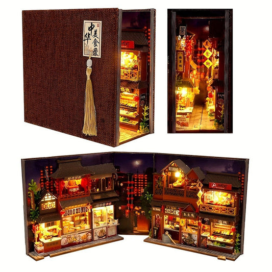 Book Nook Kit Chinese Food Street Miniature Dollhouse 3D Wooden Puzzle Bookshelf Insert DIY Model Building Set for Adults Teens