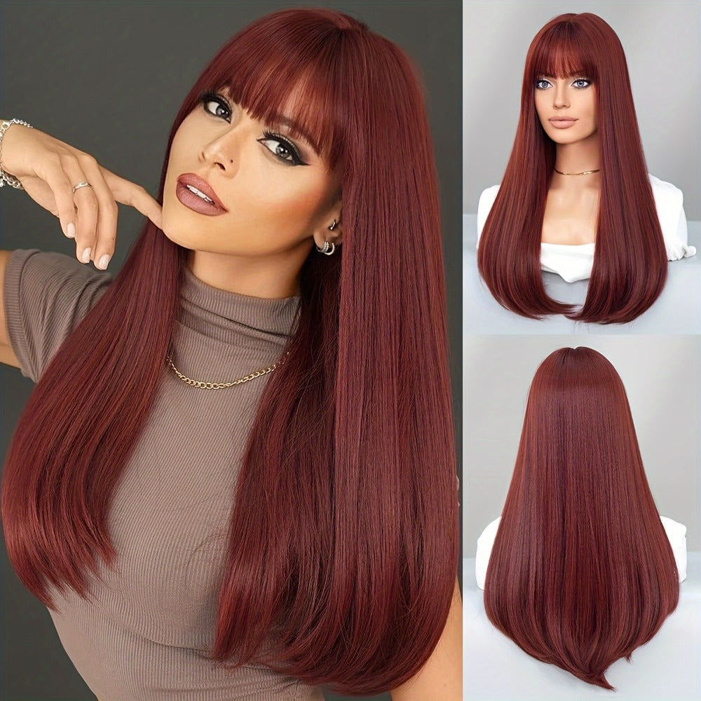 Long Straight Wig with Bangs Burgundy Wine Red 28 Inch Synthetic Heat Resistant Lightweight for Women Daily Wear Holiday Party Cosplay