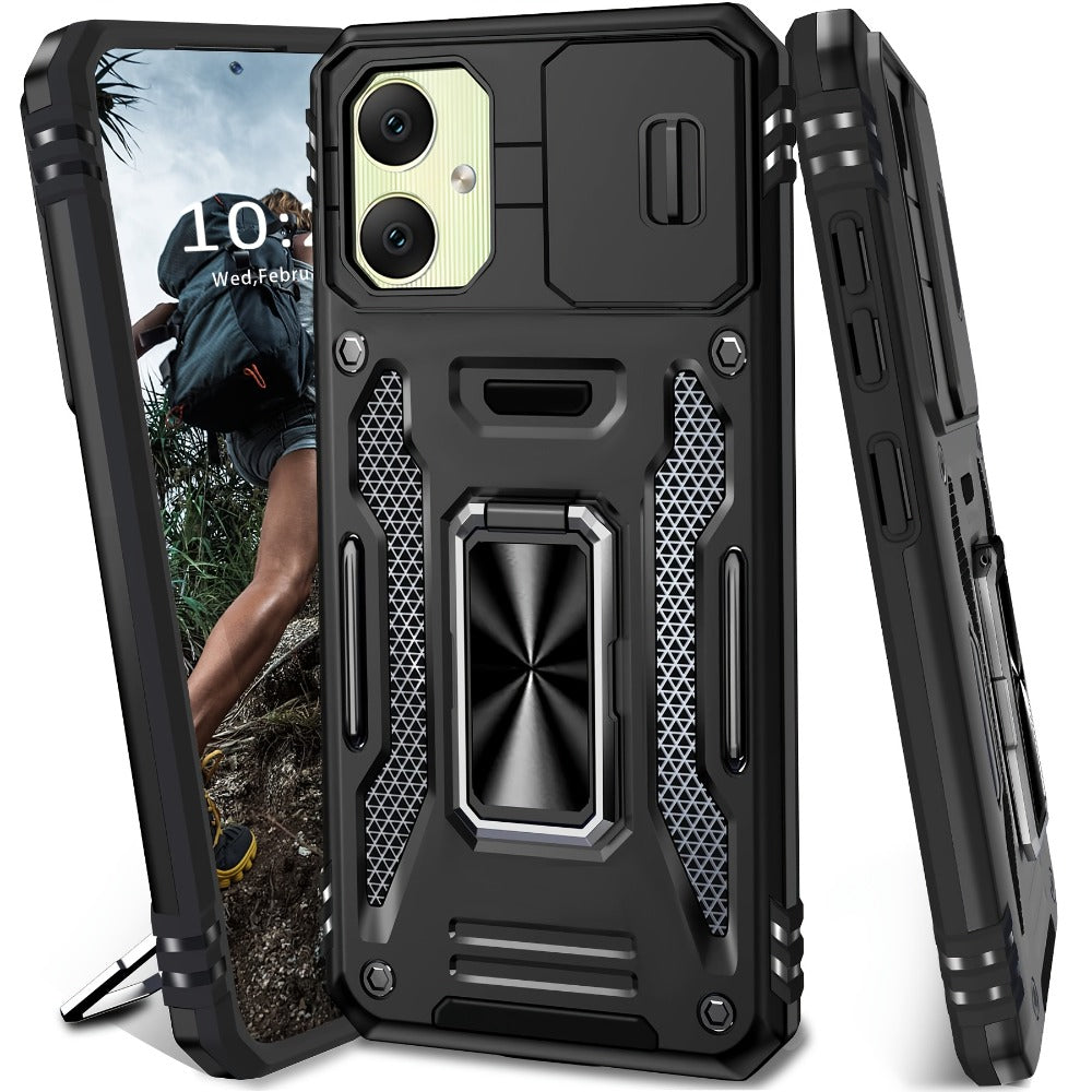 Samsung Galaxy Shockproof Magnetic Phone Case with 360° Rotating Ring Bracket & Sliding Lens Protector – Heavy Duty Cover for S24FE S23FE