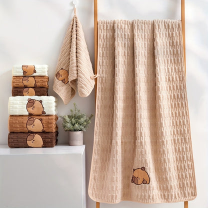 Towel Set 2 Piece Capybara Coral Fleece Face Towel and Bath Sheet in Four Printed Styles for Home and Guest Use
