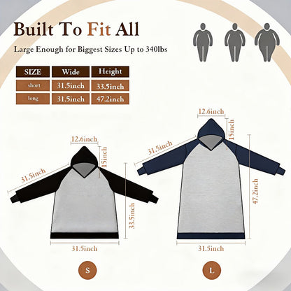 Wearable Blanket Hoodie with Hood, Sleeves, Front Pocket and Eleven Standard, Short or Oversized Styles